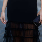 Elegant Mock-Neck Sheer Puff Sleeve Ruffle Hem Mini Dress