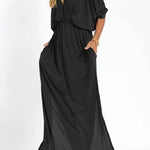 Ultimate Comfort Elastic Waist Half Sleeve Pocketed Slit Maxi Dress