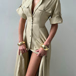 Short Sleeves Buttoned Solid Color Lapel Maxi Dresses Shirt Dress
