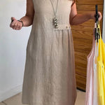 Linen Blend Solid Color Round Neck Sleeveless Loose Pocket Midi Dress