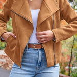 Zip Up Pocketed Faux Suede Moto Jacket