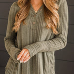 Pickle Green V Neck Buttoned Ribbed Knit Top