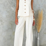 Side Split Button Up Sleeveless Top and Wide Leg Pants Set