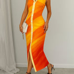 Bodycon Sleeveless Buttoned Contrast Color Notched Collar Maxi Dresses