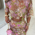 Fashionable Embroidered Flower Sequined Crop Top and Elegant Sheer Maxi Skirt Set