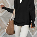 Half-Zip V-Neck Relaxed Rib-Knit Sweater