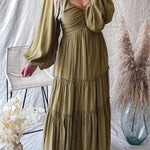 Green V Neck Bowknot Cutout Frill Tiered Maxi Dress