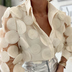 Long Sleeves Loose Buttoned Mesh Polka-Dot Split-Joint Lapel Blouses&Shirts Tops