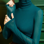 Long Sleeves Plus Size See-Through Solid Color Split-Joint High Neck T-Shirts