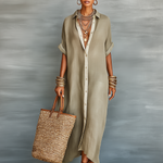 Women's Minimalist Linen Blend Short-sleeved Shirt Maxi Dress