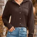 Loose Pocket Lapel Button Textured Blouse