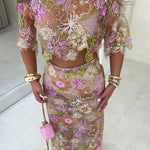 Fashionable Embroidered Flower Sequined Crop Top and Elegant Sheer Maxi Skirt Set