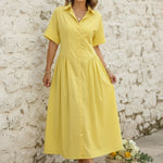 Loose Short Sleeves Buttoned Pleated Solid Color Lapel Collar Midi Dresses Shirt Dress