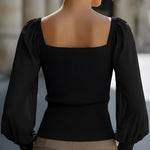 Ribbed Knit Top With Chiffon Balloon Sleeves
