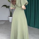Loose Raglan Sleeve Pleated Split-Front Split-Joint Tied Waist Round-Neck Maxi Dresses