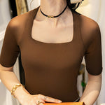 Simple Solid Color Square-Neck Half Sleeves Shirt
