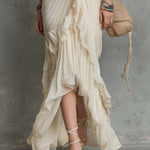 Boho-Vintage Elegant Embroidered Chiffon Ruffle Maxi Dress