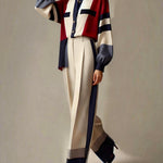 Long Sleeves Loose Buttoned Contrast Color Split-Joint Stand Collar Blouses&Shirts Tops