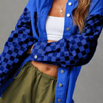 Fashionable casual loose plaid contrasting raw edge denim jacket