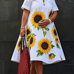 A-Line Loose Flower Print Pleated V-Neck Midi Dresses