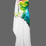 Long Sleeves Loose Flower Print Pleated Pockets One-Shoulder Jumpsuits