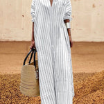Long Sleeves Striped Lapel Maxi Dresses