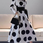 A-Line Long Sleeves Pockets Polka-Dot Tied Waist Notched Collar Maxi Dresses