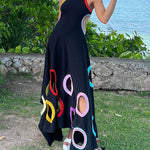A-Line High Waisted Contrast Color Hollow Round-Neck Maxi Dresses