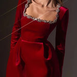 Endless Celebration Velvet Jewel Embellished Trim Long Sleeve Pocketed Mini Dress