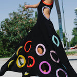 A-Line High Waisted Contrast Color Hollow Round-Neck Maxi Dresses