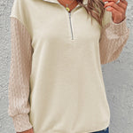 Beige Half Zip Textured Patchwork Sleeve Drop Shoulder Sweatshirt