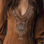Vintage Suede Embroidered Mini Dress With Long Sleeves