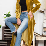 Yellow Velvet Elegant Open Front Pocket Long Cardigan