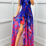 Loving Moment Gradient Unique Print Flowing Layered Ruffles Strapless Slit Maxi Dress