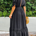 Black Drawstring Pleated Kimono Sleeve Ruffle Maxi Dress