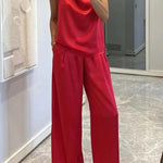 Classic on You Satin High Cowl Neck Top and Elastic Waist Pocket Loose Pants Set
