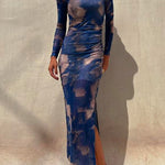 Chicest Long Sleeve Ruched Side Slit Tie Dye Maxi Dress