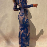 Chicest Long Sleeve Ruched Side Slit Tie Dye Maxi Dress