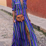 Long Sleeves Loose Split-Joint Striped Lapel Maxi Dresses Shirt Dress