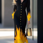 Long Sleeves Puff Sleeves Buttoned Gradient Printed Lapel Maxi Dresses Shirt Dress
