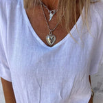 Linen Blend Solid Color V-neck Loose Pleated Casual Top