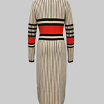 Long Sleeves Skinny Contrast Color Striped High Neck Midi Dresses Sweater Dresses