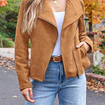 Zip Up Pocketed Faux Suede Moto Jacket