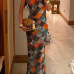 Fish Scale Color-Patchwork Halter Neck Mermaid Maxi Dress