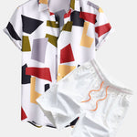 Geometric Color Block Print Button Up Shirt & Swim Shorts
