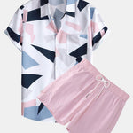 Geometric Print Button Up Shirt With Pocket & Short Length Swim Shorts
