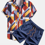 Geometric Print Button Up Shirt & Swim Shorts