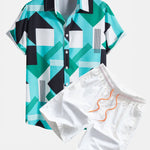 Color Block Stripe Print Shirt & Swim Shorts