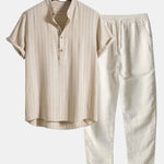 Linen Blend Striped Half Open Placket Henley Collar Shirt & Straight Leg Linen Pants