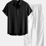 Linen Blend Striped Half Open Placket Henley Collar Shirt & Straight Leg Linen Pants